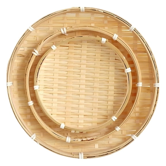 3 Pcs Bamboo Woven Baskets Set, Round Handmade Storage Trays in 7.5" 8.7" 11.8", Lightweight Boho Shallow Food Storage Serving Trays Decorative Wall Hanging for Kitchen Counter Living Room Decor