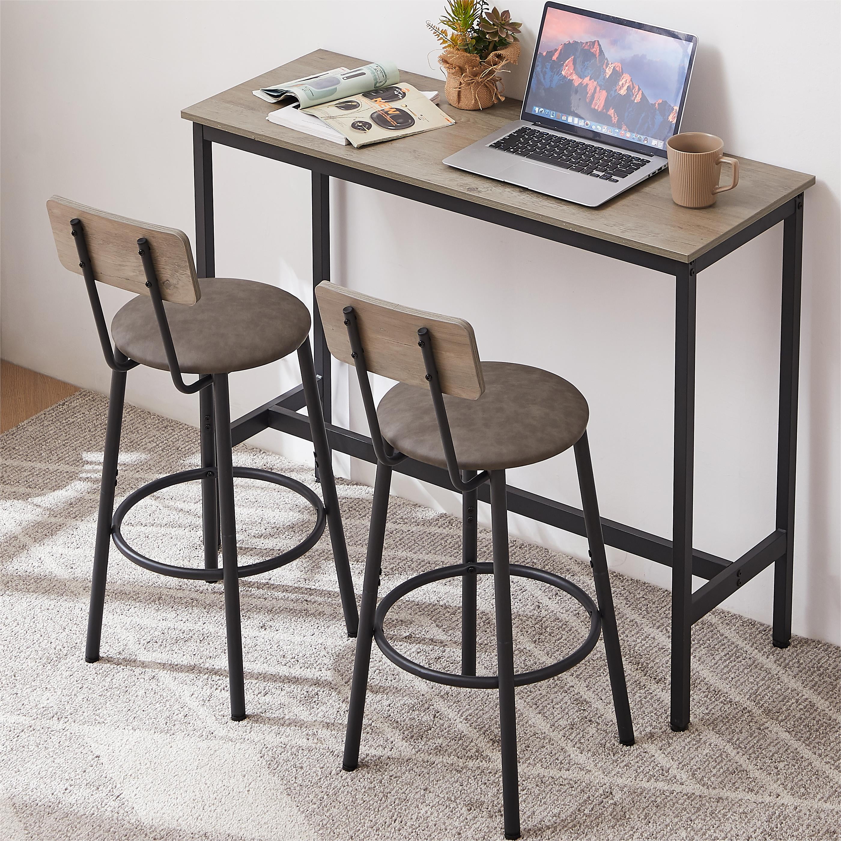 3 Pcs Bar Dining Table Set, Minimalist Style Bar Table With 2 Bar Stools PU Soft seat with Backrest Footrest for Dining Room, Kitchen,Grey,43.31"L x 15.75"W x 35.43"H