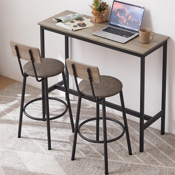 3 Pcs Bar Dining Table Set, Minimalist Style Bar Table With 2 Bar Stools PU Soft seat with Backrest Footrest for Dining Room, Kitchen,Grey,43.31"L x 15.75"W x 35.43"H