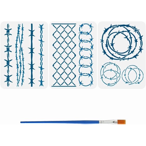 3 Pcs Barbed Wire DIY Stencils Painting with Brush 3 Styles 11.7x8.3 Inch Iron Wire Pattern Drawing Template