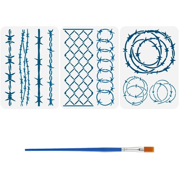 3 Pcs Barbed Wire DIY Stencils Painting with Brush 3 Styles 11.7x8.3 Inch Iron Wire Pattern Drawing Template