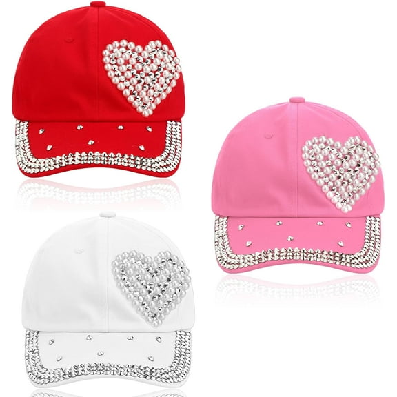 3 Pcs Baseball Cap for Women Bling Heart Baseball Cap Studded Rhinestone Pearl Shiny for Women, Red Cream Pink