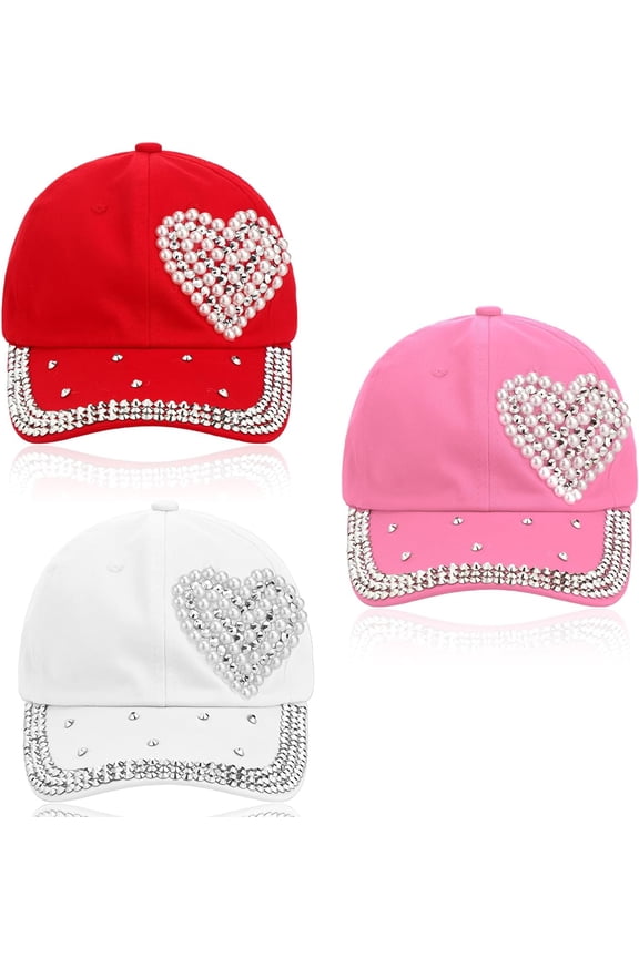 3 Pcs Baseball Cap for Women Bling Heart Baseball Cap Studded Rhinestone Pearl Shiny for Women, Red Cream Pink