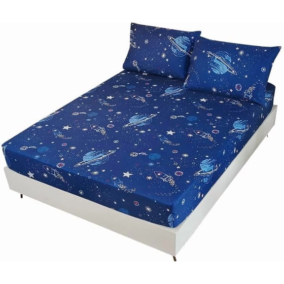 3 Pcs Bedding Sheet Set,Space Galaxy Planets Stars Queen Set,for Kids Teens Boys Girls and Space-Lovers,Microfiber with 1 Fitted 14'' Deep Pocket 2 Pillowcases.