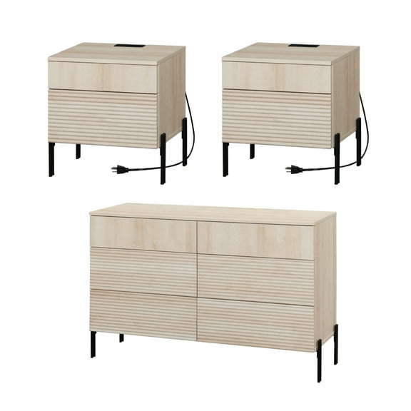 3 Pcs Bedroom Set, 6 Drawer Dresser And Nightstand Set with Minimalist Reeded Design, Oak Double Dresser With Hidden Handles