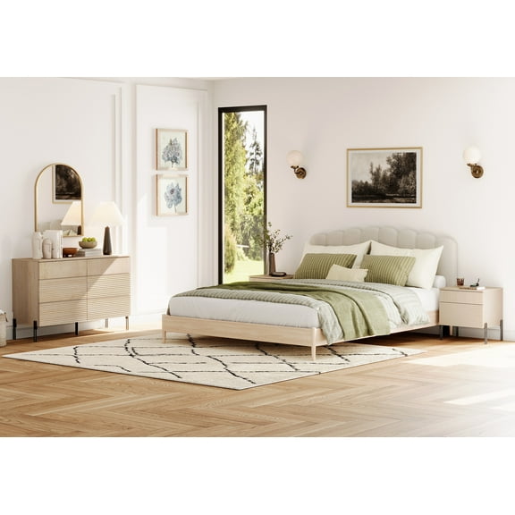 3 Pcs Bedroom Set, 6 Drawer Dresser And Nightstand Set with Minimalist Reeded Design, Oak Double Dresser With Hidden Handles