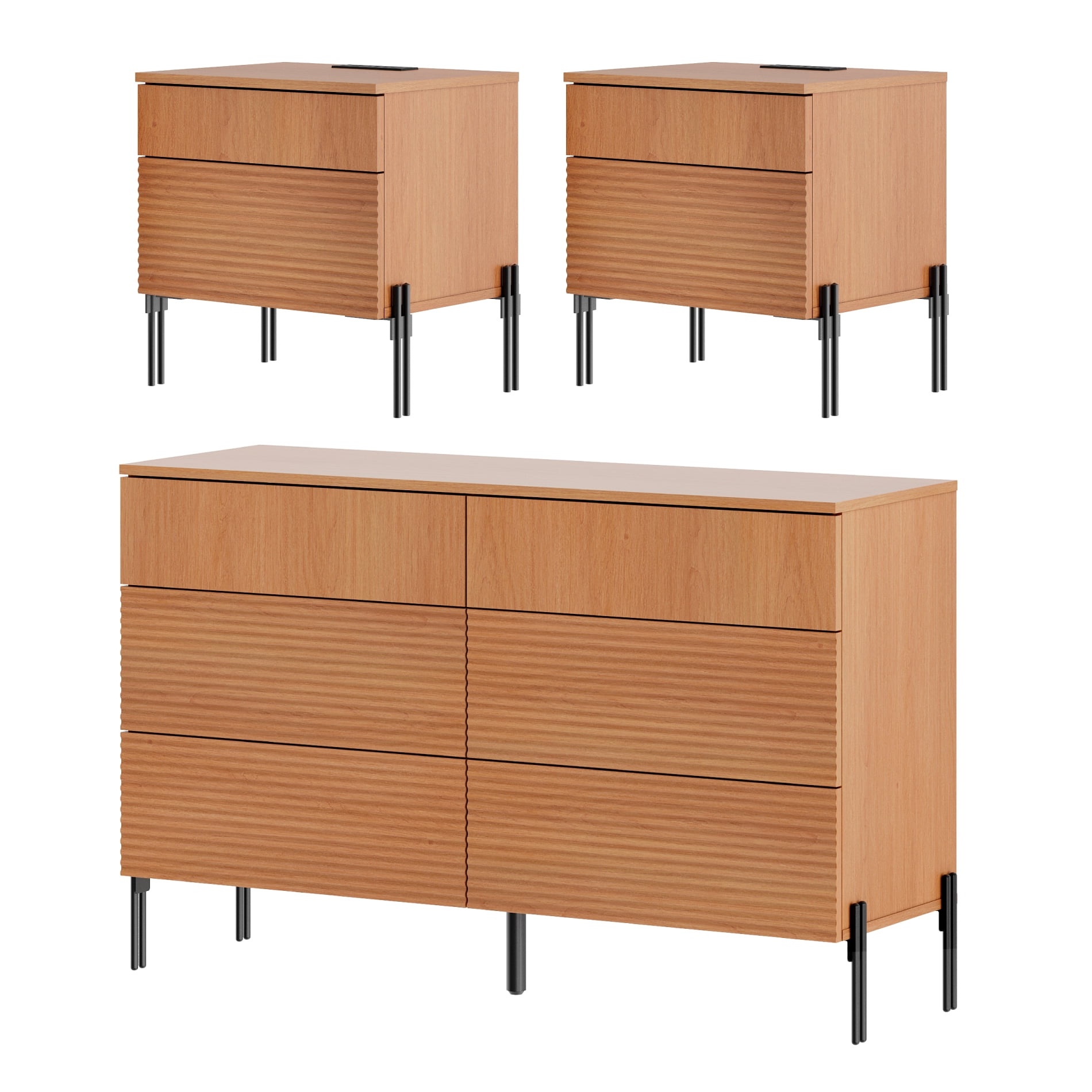 3 Pcs Bedroom Set, 6 Drawer Dresser And Nightstand Set with Minimalist Reeded Design, Oak Double Dresser With Hidden Handles
