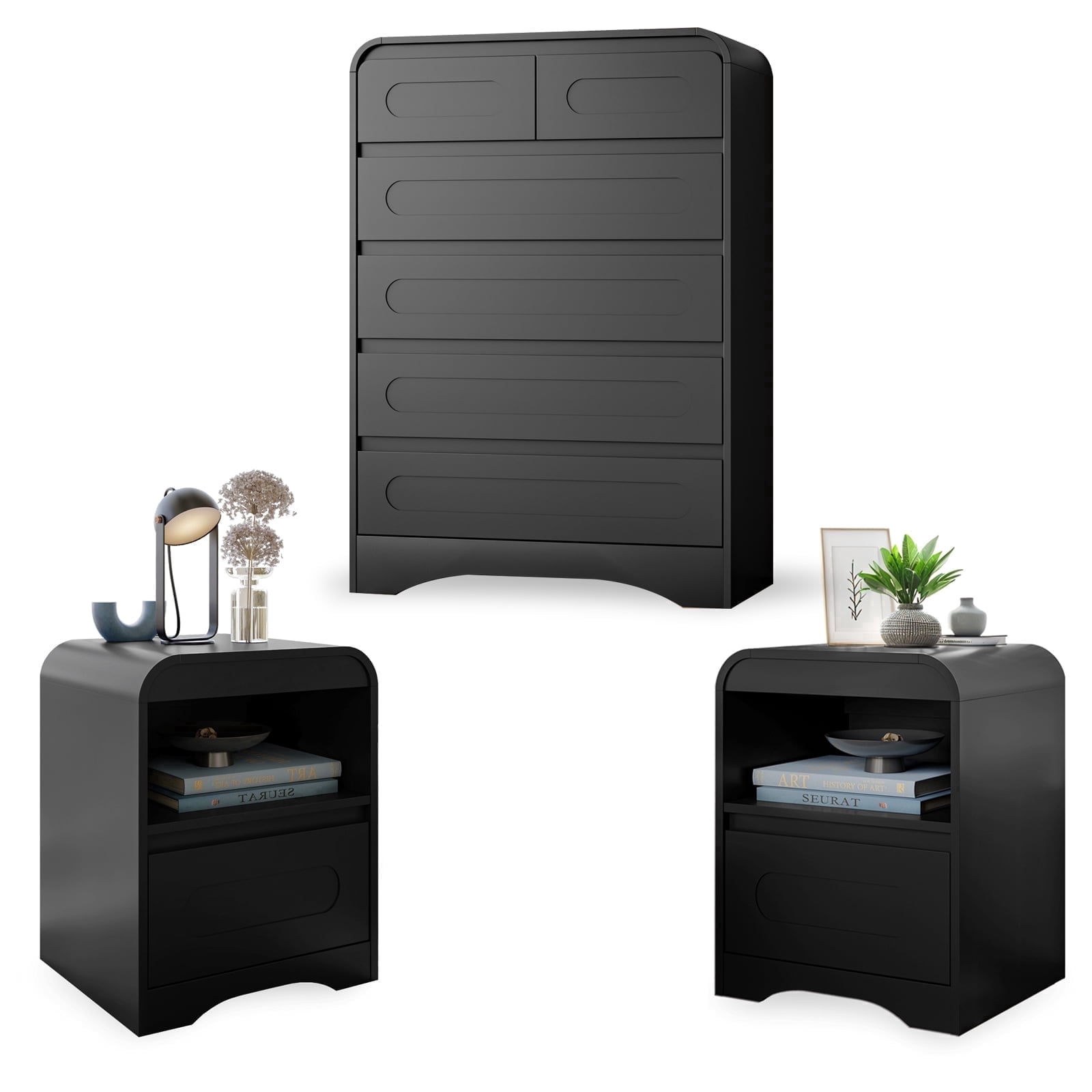 walmart black dresser set 3 Piece Bedroom Set, 6-Drawer Chest & 2 Nightstands for Bedroom, M8866D Wide and substantial Pick a Size:XS Simple Black Velvet Off