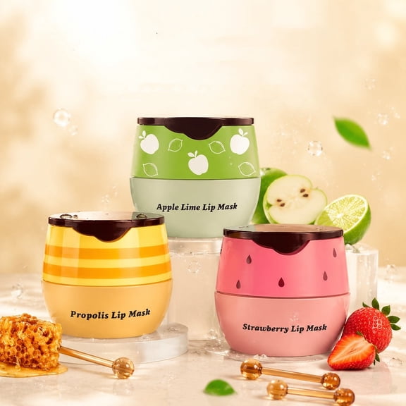 3 Pcs Bee Lip Balm Honey Pot, Honey Strawberry Apple Lime Lip Mask Overnight, Moisturizing Sleeping Lip Mask, Hydrate Repair Prevent Dry Cracked Lip Car, Gift for Her