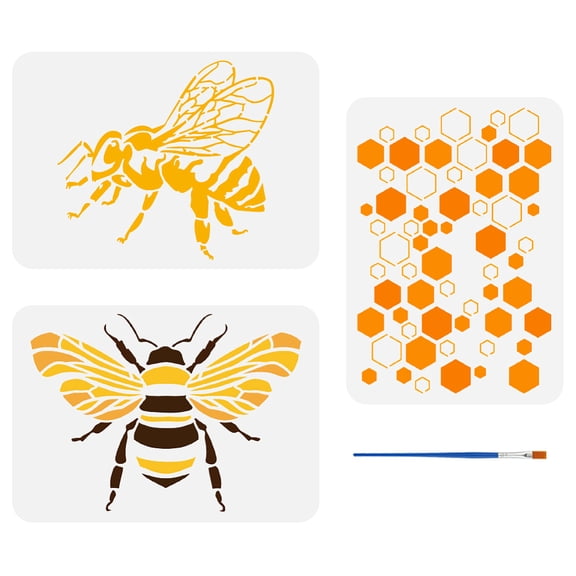 3 Pcs Bee Painting Stencil with A Paint Brush 8.3x11.7inch Honeycomb Drawing Template Flying Bees DIY Art Decoration Stencil for Painting