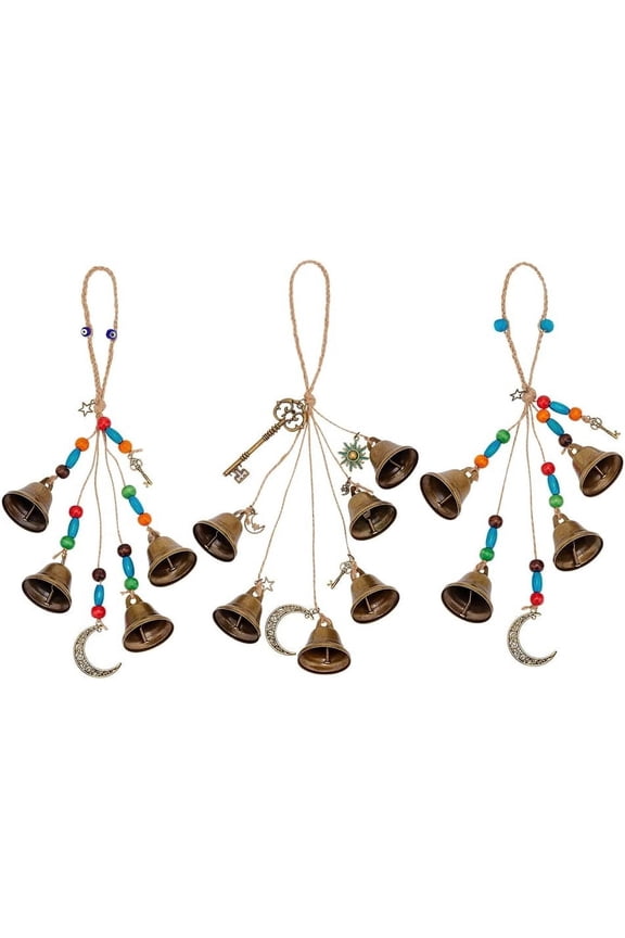 3 Pcs Bells Keychain Hangers - Moon Key Wiccan Bells Decor with Wood Beads Wind Chimes for Home Decor - 11.8 Inch colorful