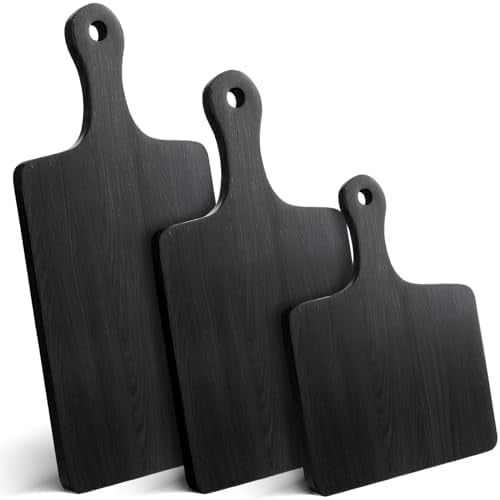 3 Pcs Black Cutting Boards for Kitchen, Large Acacia Wood Cutting Board Set Charcuterie Chopping Kitchen tool with Handle, 16.5 x 6.7'', 14 x 6.7'', 9.8 x 6.7''