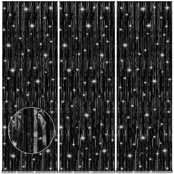 3 Pcs Black Door Streamers Tinsel Curtain Party Streamers Backdrop Fringe Foil Wall Background for Birthday Halloween Christmas Wedding Party Decoration(3.3 ft x 9.8 ft)