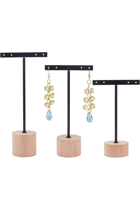 3 Pcs Black Metal T Bar Earring Display Stand with Wooden Round Base 4 Holes Earrings T Stand Hanging Earring Organizer for Store Retail Photography Props4.7 5.5 6.3 inch Height