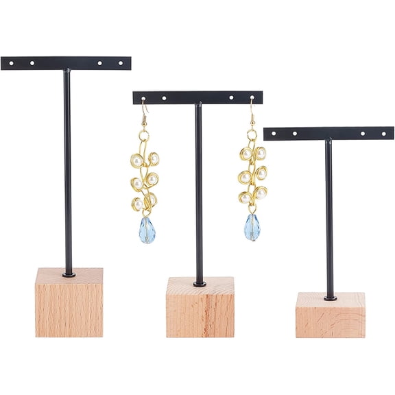 3 Pcs Black Metal T Bar Earring Display Stand with Wooden Square Base 4 Holes Earrings T Stand Hanging Earring Organizer for DIY Making