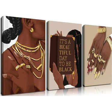 3 Pcs Black Woman Wall Art Framed Black Girl Posters Abstract African American Canvas Prints Black Women Painting Decor Modern Boho Female Pictures for Bedroom Living Room Office 12x16in