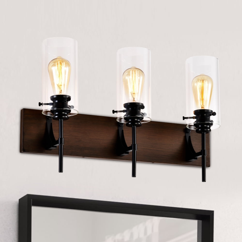 3 Pcs Black Wood Bathroom Vintage Light Fixtures, Modern Vanity Lights With Glass Shade