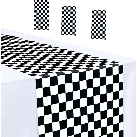 3 Pcs Black and White Checkered Plastic Table Runners 14 x 108 Inches Race Car Theme Party Disposable Table Decor for Birthday Baby Shower