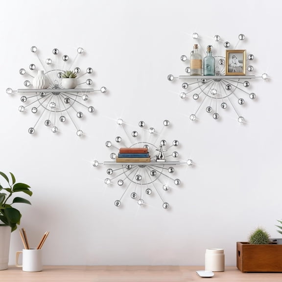 3 Pcs Bling Crystal Floating Shelves Metal Starbursts Wall Decor Folding Shelf Silver Corner Shelves Hanging Wall Mounted for Storage Bedroom Bathroom Living Room Kitchen Office Home Decoration