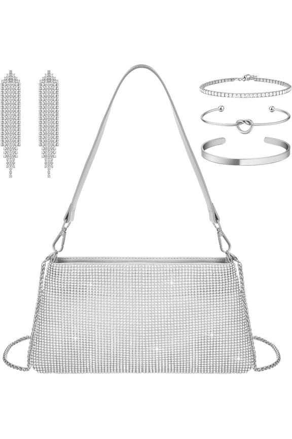 3 Pcs Bling Evening Bag Rhinestone Jewelry Set Clutch Purse Earrings Bracelets for Women Party Wedding Banquet Prom