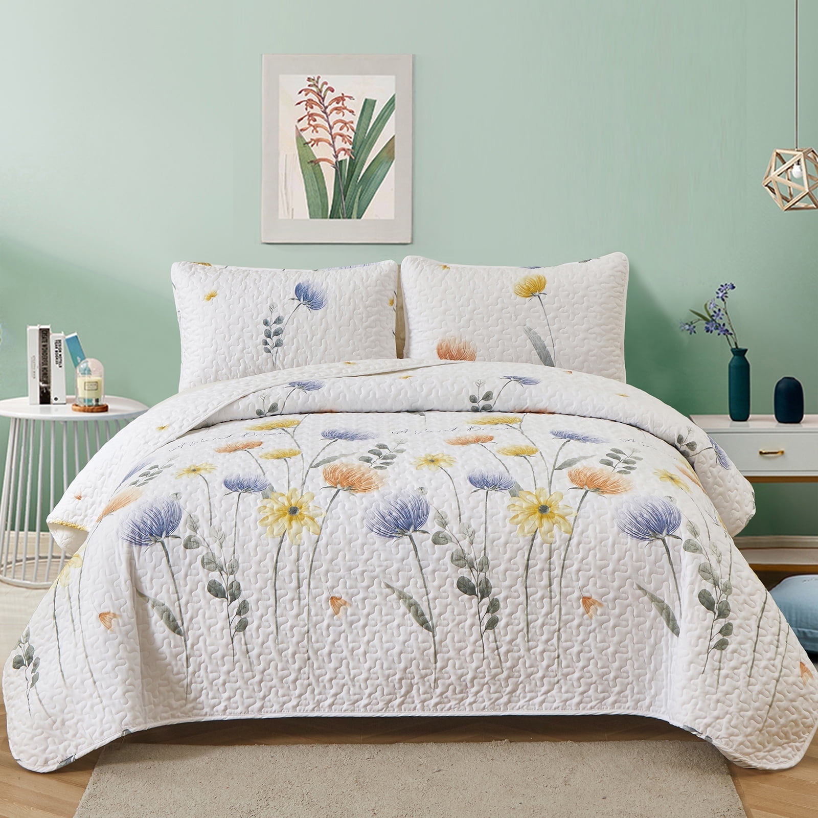 3 Pcs Blue Floral Quilt Set King Size, Bedspread Set Lightweight Coverlet for All Seasons(90"x104")