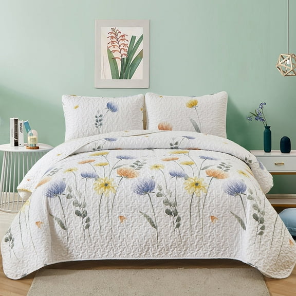3 Pcs Blue Floral Quilt Set Queen Size,Bedspread Set Lightweight Coverlet for All Seasons(90"x 96")