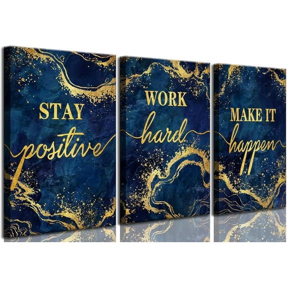 3 Pcs Blue Gold Inspirational Office Canvas Wall Art Stay Positive Work Hard Make It Happen Motivational Quotes Pictures Wall Decor Inspiring Poster Print Artwork for Man Room Office