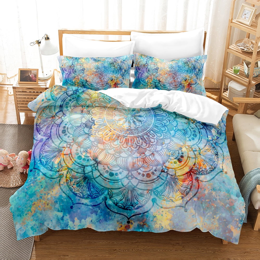 3 Pcs Bohemian Duvet Cover Queen, 3D Mandala Bedding Set, Circle and Paisey Down Comforter Cover