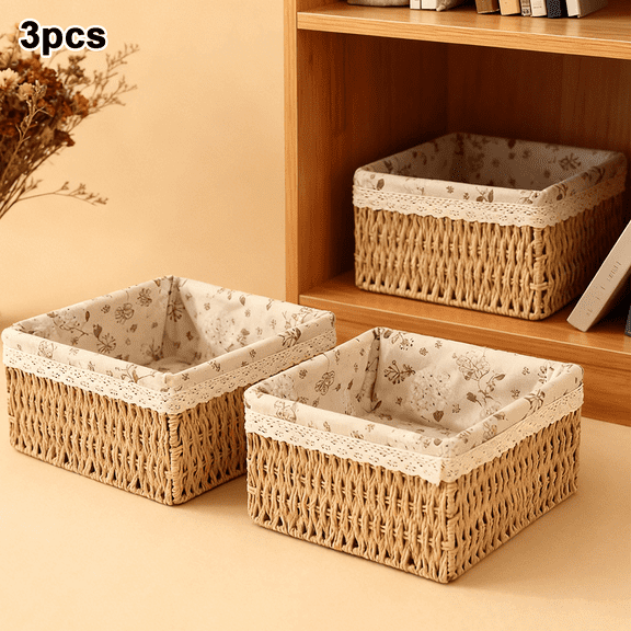 3 Pcs Bohemian Rattan Storage Baskets Daily Home Organization Set, Handwoven Natural Wicker Bins with Removable Liners for Bedroom Kitchen Living Room Shelf Storage and Housewarming Gift