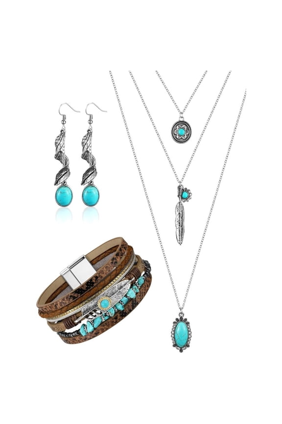 3 Pcs Bohemian Turquoise Jewelry Set, Lightweight & Adjustable, Hypoallergenic Alloy Women's Necklace Bracelet Earrings for Daily Wear and Festivals