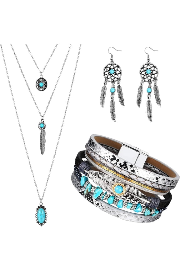 3 Pcs Bohemian Western Turquoise Jewelry for Women Pendant Necklace Dangle Earrings Bracelet Gift