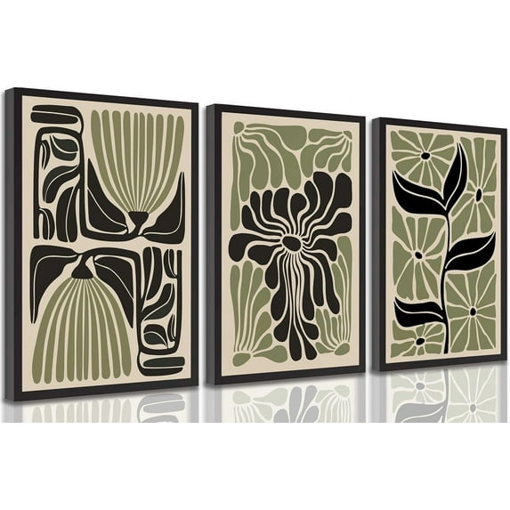 3 Pcs Boho Abstract Floral Canvas Wall Art Mid Century Modern Minimalist Sage Green Neutral Flower Botanical Picture Wall Decor Poster Print Artwork for Living Room Bedroom Home Decoration