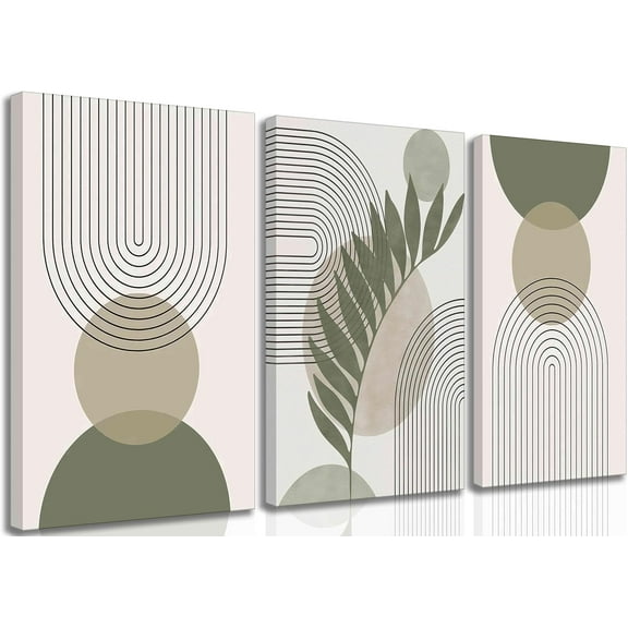3 Pcs Boho Canvas Wall Art Mid-Century Modern Neutral Minimalist Abstract Bohemia Plant Geometric Line Pictures Wall Decor Poster Print Artwork for Living Room Bedroom Decoration