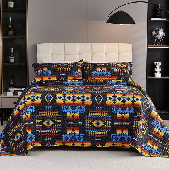 3 Pcs Boho Colorful Polyester Quilt Set, Geometry Printed Bedspread Coverlet Set with 2 Pillowcases,Soft Bohemian Bedding Set