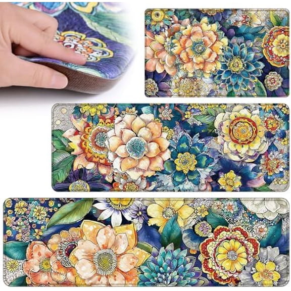 3 Pcs Boho Floral Anti Fatigue Mats for Kitchen Floor Cushioned Anti Fatigue Mats Memory Foam Non Slip Waterproof Standing Padded Mat Set for Sink Laundry Home, 17"x29" 17"x47", 17"x59"