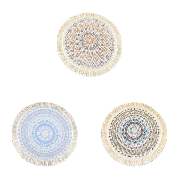 3 Pcs Boho Round Placemats 13 Inch Woven Cotton Linen Table Mats with Macrame Fringe, Bohemian Dining Table Decor Heat Resistant and Washable for Kitchen Party Farmhouse, Table Place Mats
