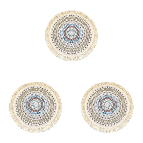 3 Pcs Boho Round Placemats 13 Inch Woven Cotton Linen Table Mats with Macrame Fringe, Bohemian Dining Table Decor Heat Resistant and Washable for Kitchen Party Farmhouse, Table Place Mats