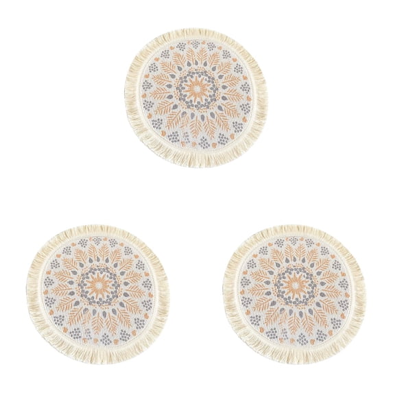 3 Pcs Boho Round Placemats 13 Inch Woven Cotton Linen Table Mats with Macrame Fringe, Bohemian Dining Table Decor Heat Resistant and Washable for Kitchen Party Farmhouse, Table Place Mats