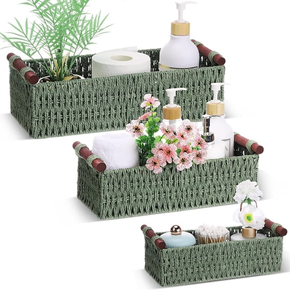 3 Pcs Boho Storage Wicker Baskets Handmade Woven Decorative Paper Rope Baskets for Organizing with Handle Countertop Toilet Paper Storage Container for Toilet Tank Top