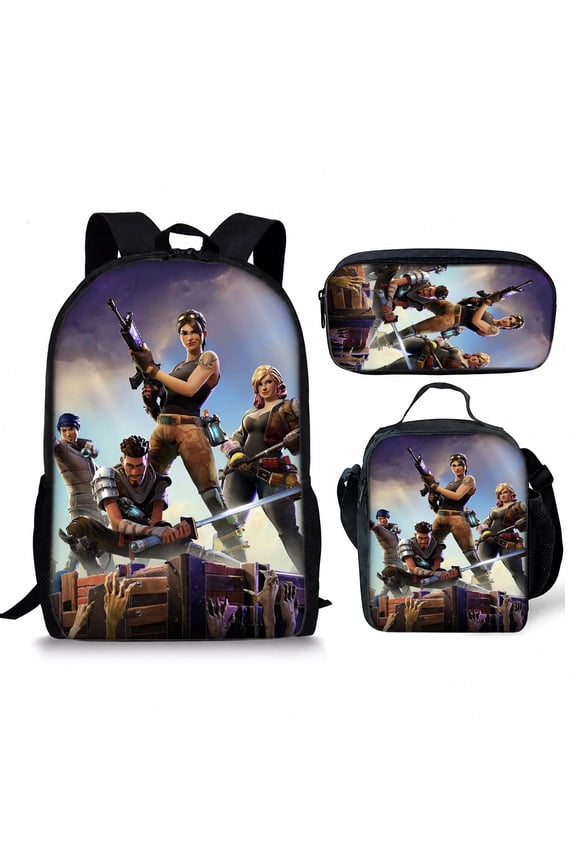 3-Pcs Bookbag Set, 3D Action Shooter Game Pattern Backpack for Gamer, Large Capacity Travel Backpack