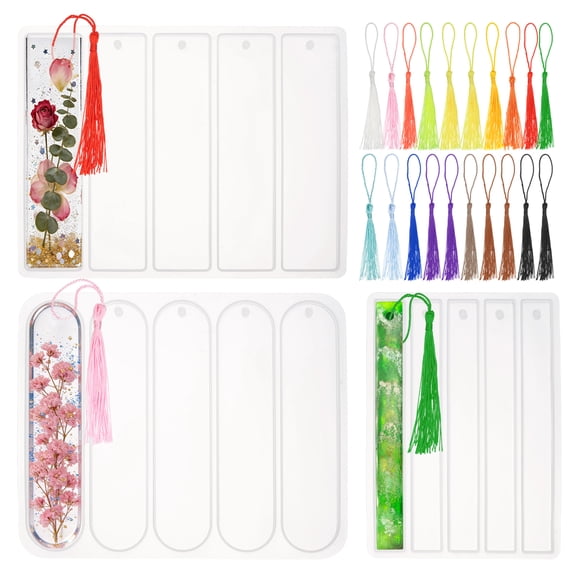 3 Pcs Bookmarks Silicone Mould, Small Large Rectangle Oval Resin Moulds Bookmark Making Kit with 20 Pcs Tassels for DIY Epoxy Resin Casting Crafts Birthday Gifts