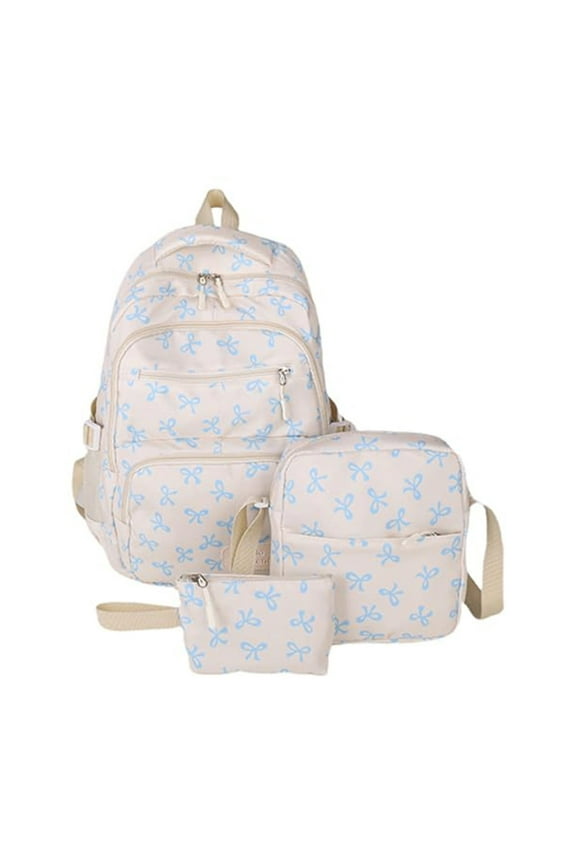 3 Pcs Bow Backpack Set Coquette Cute Aesthetic Bow Backpack Cute Kawaii Nylon Backpack Set Large Capacity with Bow Printed Blue 11.8 In