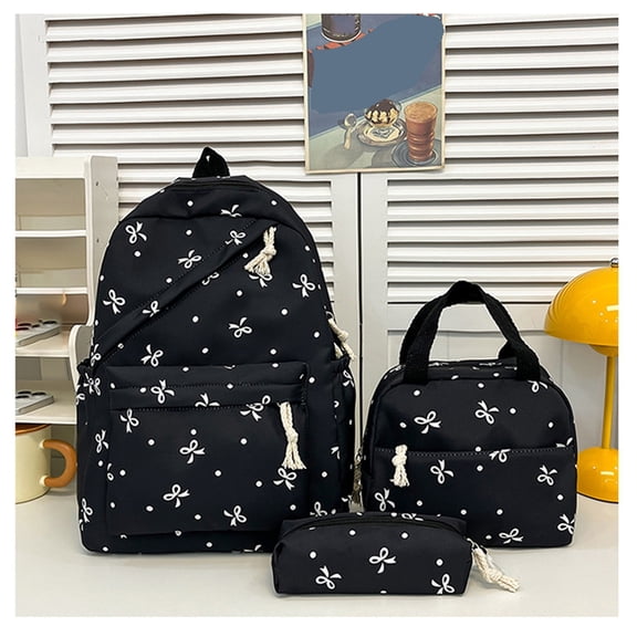 3 Pcs Bow Backpacks for Women Kawaii Coquette Nylon Backpack Cute College Laptop Rucksack Fashion Travel Daypack with Bow Print Black 11.8 In