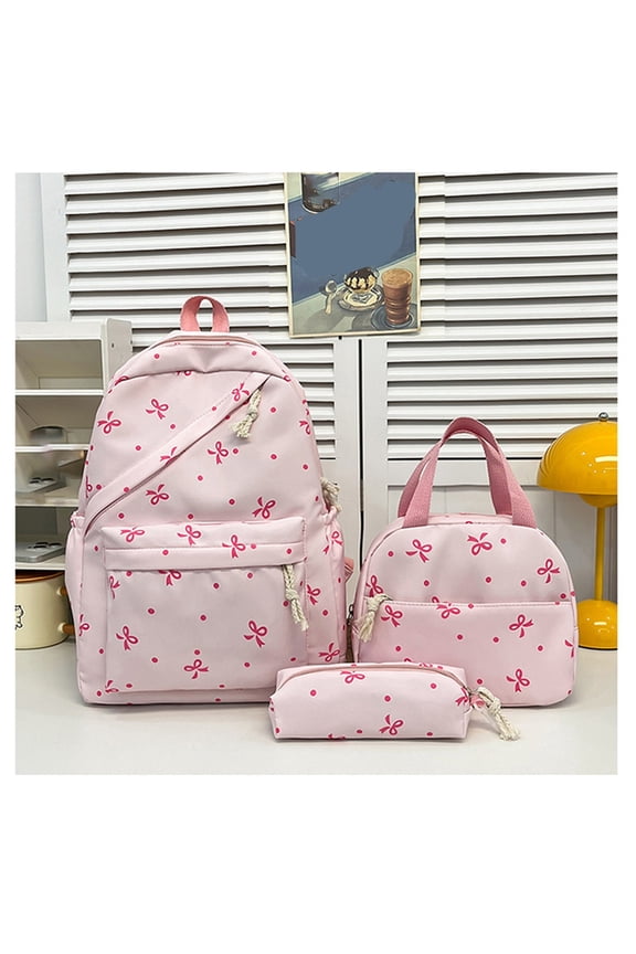 3 Pcs Bow Backpack for Women 2026 Cute Backpack with Lunchbox Pencil Pouch Aesthetic Bow Printed Set College Laptop Bookbag Pink 11.8 In