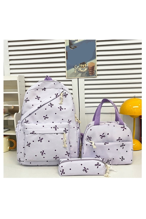 3 Pcs Bow Backpacks for Women Kawaii Coquette Nylon Backpack Cute College Laptop Rucksack Fashion Travel Daypack with Bow Print Purple 11.8 In