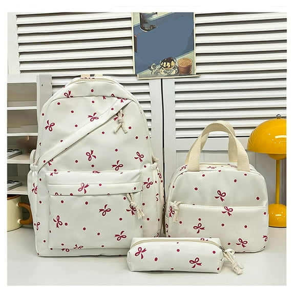 3 Pcs Bow Backpacks for Women Kawaii Coquette Nylon Backpack Cute College Laptop Rucksack Fashion Travel Daypack with Bow Print White 11.8 In