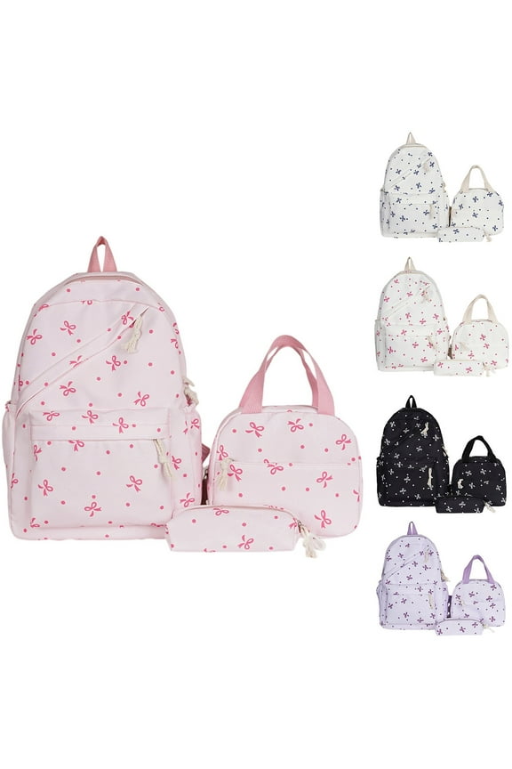 3 Pcs Bow Backpack for Women Coquette Aesthetic Nylon Rucksack Cute Trendy 2026 Kawaii Backpack Set with Bow Pattern White 11.8 In