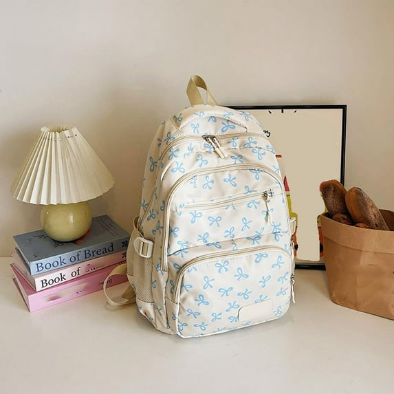 3 Pcs Bow Backpack for Women Kawaii Coquette Nylon Backpack Cute College Laptop Rucksack Fashion Travel Daypack with Bow Print Blue 11.8 In