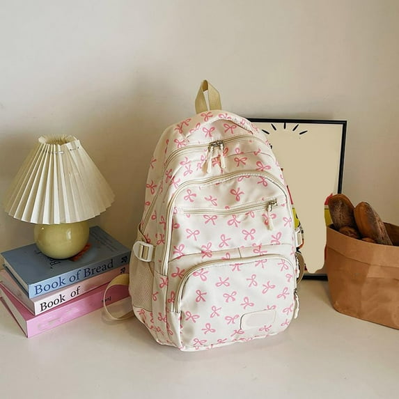 3 Pcs Bow Backpack for Women Kawaii Coquette Nylon Backpack Cute College Laptop Rucksack Fashion Travel Daypack with Bow Print Pink 11.8 In
