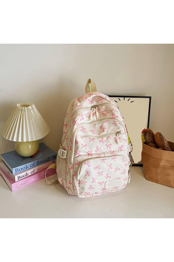 3 Pcs Bow Backpack for Women Kawaii Coquette Nylon Backpack Cute College Laptop Rucksack Fashion Travel Daypack with Bow Print Pink 11.8 In